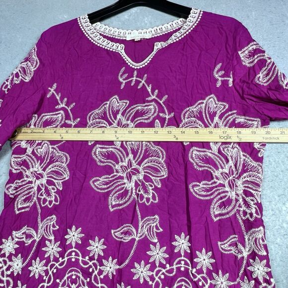 Solitaire Tunic Top Medium Floral Embroidered Scallop Trim Pullover Boho Blouse - Picture 6 of 11